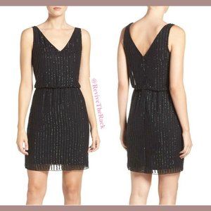 NEW $250 Adrianna Papell Sequin Mesh‎ Blouson Dress in Black [SZ 6 ]